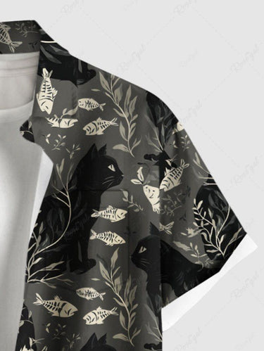 Gothic Plus Size Cat Fish Leaf Branch Print Button Pocket Shirt For Men