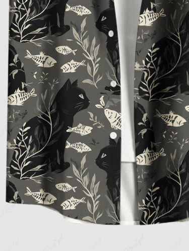 Gothic Plus Size Cat Fish Leaf Branch Print Button Pocket Shirt For Men