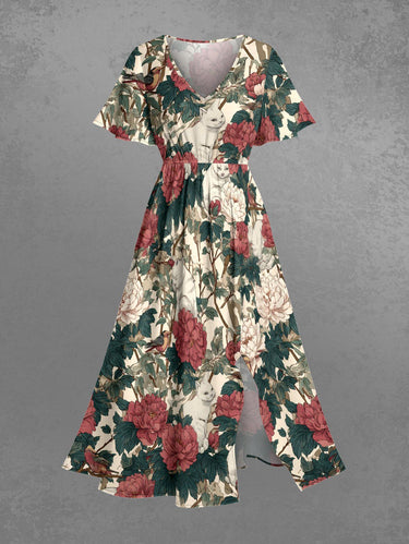 Gothic Plus Size Flower Leaf Cat Print Split Pocket A Line Midi Dress