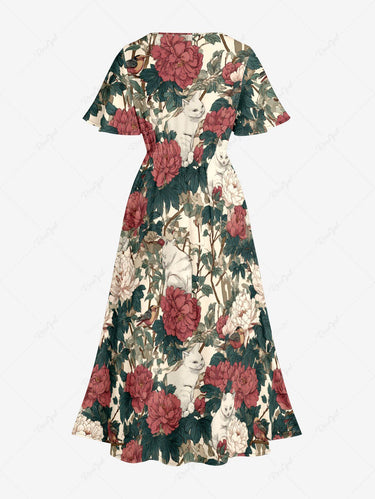 Gothic Plus Size Flower Leaf Cat Print Split Pocket A Line Midi Dress