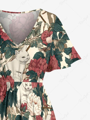 Gothic Plus Size Flower Leaf Cat Print Split Pocket A Line Midi Dress