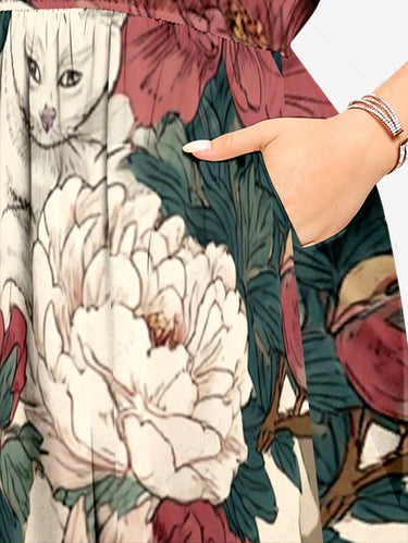 Gothic Plus Size Flower Leaf Cat Print Split Pocket A Line Midi Dress