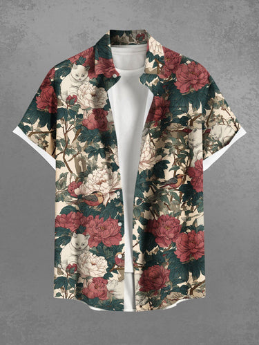 Gothic Plus Size Flower Leaf Cat Print Button Pocket Shirt For Men
