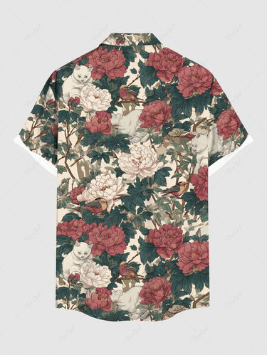 Gothic Plus Size Flower Leaf Cat Print Button Pocket Shirt For Men