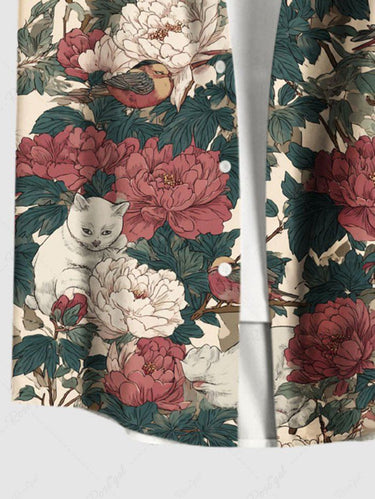 Gothic Plus Size Flower Leaf Cat Print Button Pocket Shirt For Men