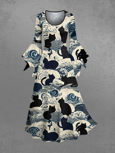 Gothic Cat Sea Waves Print A Line Dress