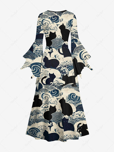 Gothic Cat Sea Waves Print A Line Dress