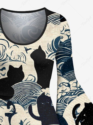 Gothic Cat Sea Waves Print A Line Dress