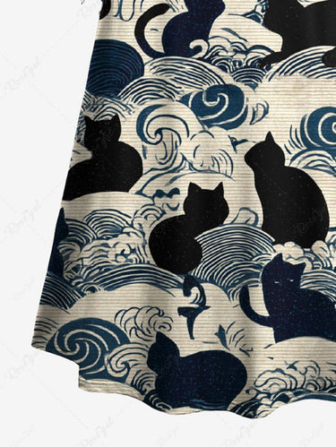 Gothic Cat Sea Waves Print A Line Dress