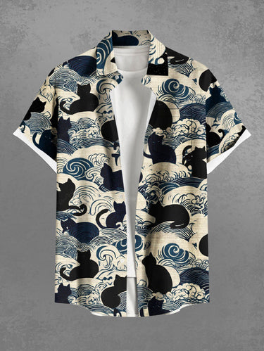 Gothic Plus Size Cat Sea Waves Print Button Pocket Shirt For Men