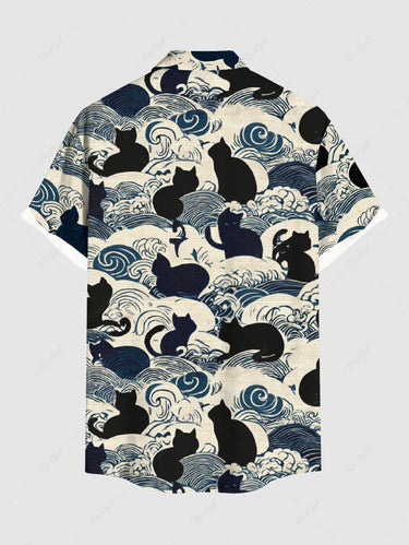 Gothic Plus Size Cat Sea Waves Print Button Pocket Shirt For Men