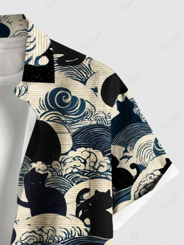 Gothic Plus Size Cat Sea Waves Print Button Pocket Shirt For Men