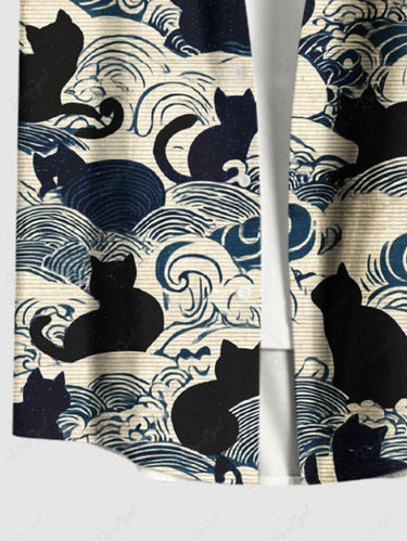 Gothic Plus Size Cat Sea Waves Print Button Pocket Shirt For Men