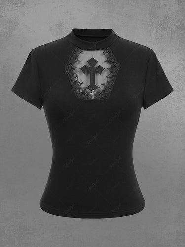 Gothic Cross Floral Lace Trim Crew Neck T-shirt