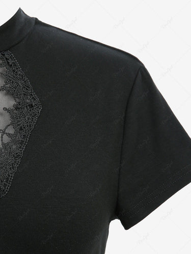 Gothic Cross Floral Lace Trim Crew Neck T-shirt