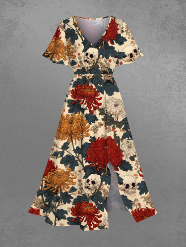 Gothic Plus Size Chrysanthemum Skull Leaf Print Split Pocket A Line Midi Dress