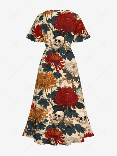 Gothic Plus Size Chrysanthemum Skull Leaf Print Split Pocket A Line Midi Dress