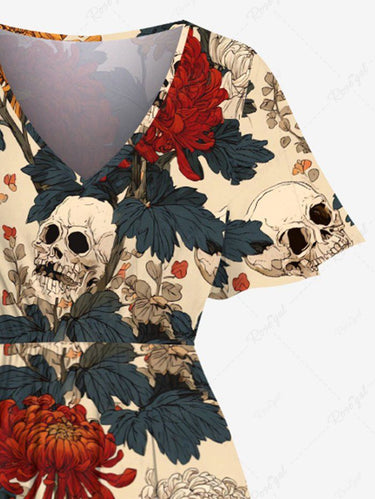 Gothic Plus Size Chrysanthemum Skull Leaf Print Split Pocket A Line Midi Dress