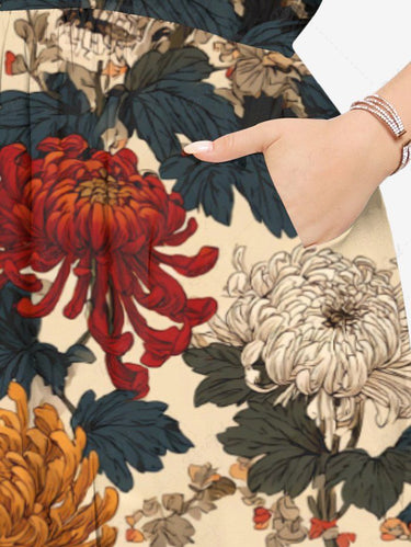 Gothic Plus Size Chrysanthemum Skull Leaf Print Split Pocket A Line Midi Dress