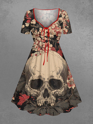 Gothic Plus Size Skull Flower Leaf Print Cinched A Line Dress