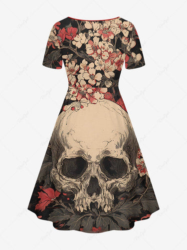 Gothic Plus Size Skull Flower Leaf Print Cinched A Line Dress