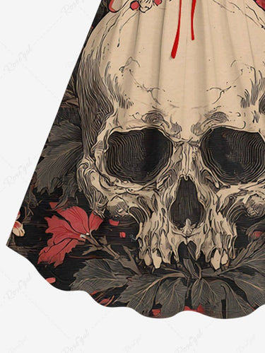 Gothic Plus Size Skull Flower Leaf Print Cinched A Line Dress