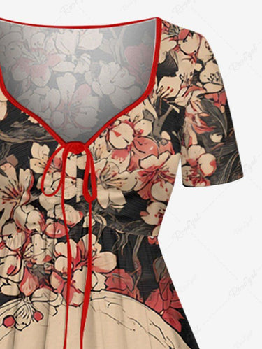 Gothic Plus Size Skull Flower Leaf Print Cinched A Line Dress