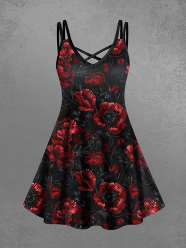 Gothic Plus Size Flower Leaf Print Crisscross Strappy A Line Cami Dress