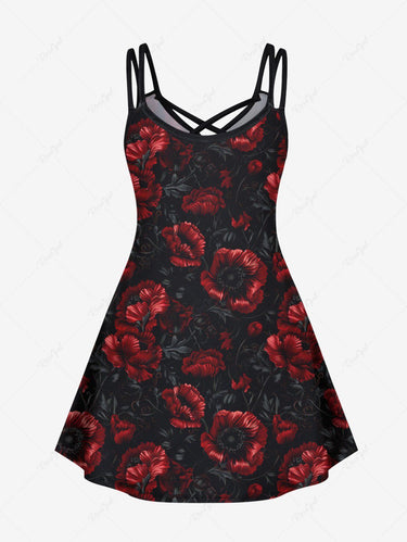 Gothic Plus Size Flower Leaf Print Crisscross Strappy A Line Cami Dress