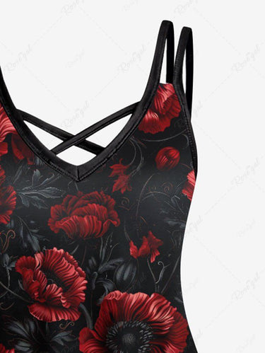 Gothic Plus Size Flower Leaf Print Crisscross Strappy A Line Cami Dress