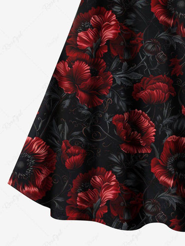 Gothic Plus Size Flower Leaf Print Crisscross Strappy A Line Cami Dress