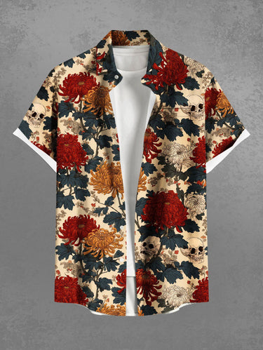 Gothic Plus Size Chrysanthemum Skull Leaf Print Button Pocket Shirt For Men