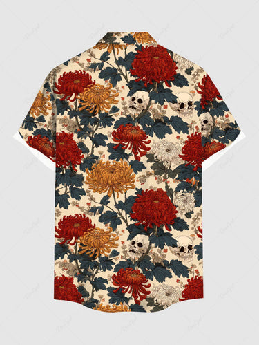 Gothic Plus Size Chrysanthemum Skull Leaf Print Button Pocket Shirt For Men