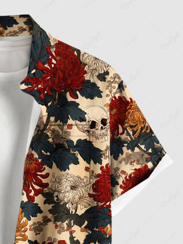 Gothic Plus Size Chrysanthemum Skull Leaf Print Button Pocket Shirt For Men