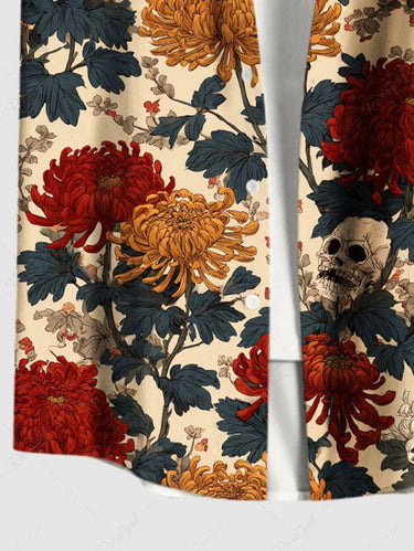 Gothic Plus Size Chrysanthemum Skull Leaf Print Button Pocket Shirt For Men