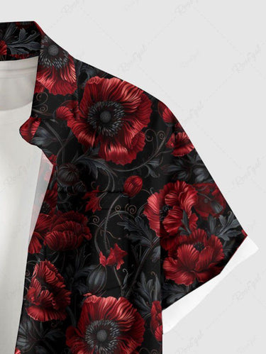 Gothic Plus Size Flower Leaf Print Button Pocket Shirt For Men