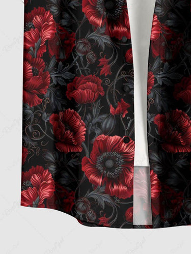 Gothic Plus Size Flower Leaf Print Button Pocket Shirt For Men