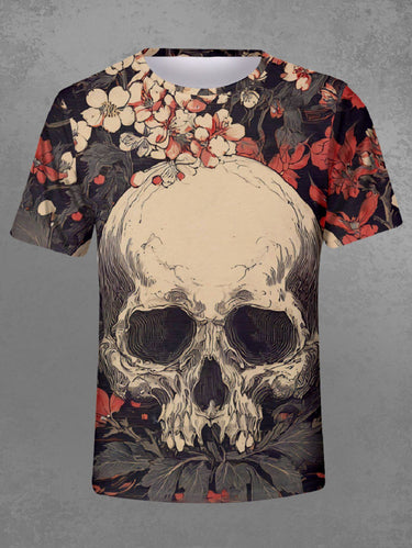 Gothic Plus Size Skull Flower Leaf Print T-shirt For Men