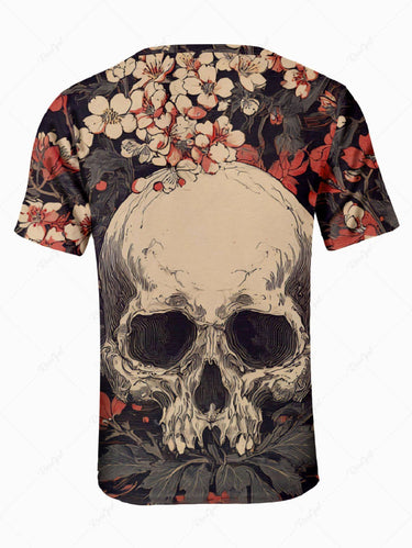 Gothic Plus Size Skull Flower Leaf Print T-shirt For Men