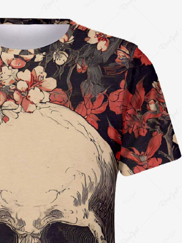 Gothic Plus Size Skull Flower Leaf Print T-shirt For Men