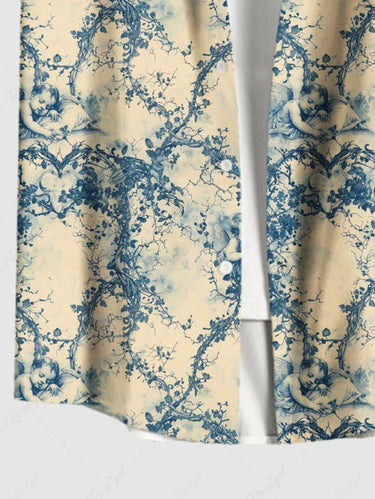 Gothic Plus Size Angel Heart Vine Print Valentines Button Pocket Shirt For Men