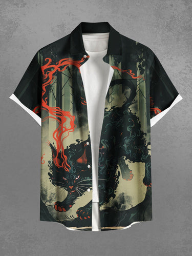 Gothic Plus Size Devil Cat Forest Print Button Pocket Shirt For Men