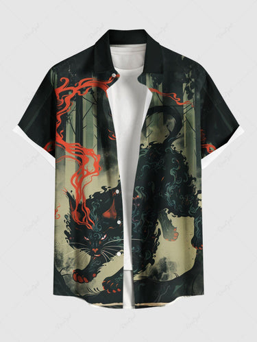 Gothic Plus Size Devil Cat Forest Print Button Pocket Shirt For Men