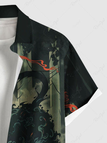 Gothic Plus Size Devil Cat Forest Print Button Pocket Shirt For Men