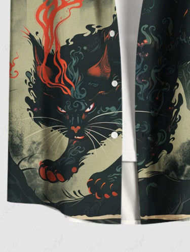 Gothic Plus Size Devil Cat Forest Print Button Pocket Shirt For Men