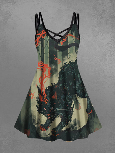 Gothic Plus Size Devil Cat Forest Print Crisscross Strappy A Line Cami Dress