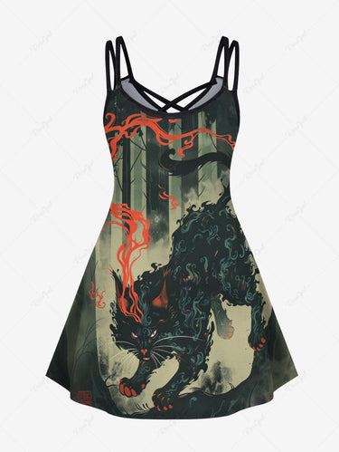 Gothic Plus Size Devil Cat Forest Print Crisscross Strappy A Line Cami Dress