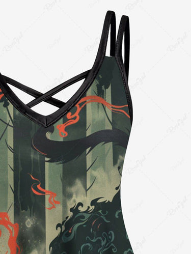 Gothic Plus Size Devil Cat Forest Print Crisscross Strappy A Line Cami Dress