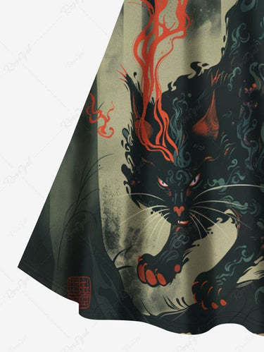 Gothic Plus Size Devil Cat Forest Print Crisscross Strappy A Line Cami Dress