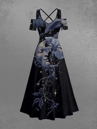 Gothic Plus Size Moon Face Flower Print Cold Shoulder Crisscross A Line Maxi Dress Black / S Gothic Plus Size Moon Face Flower Print Cold Shoulder Crisscross A Line Maxi Dress Black / S